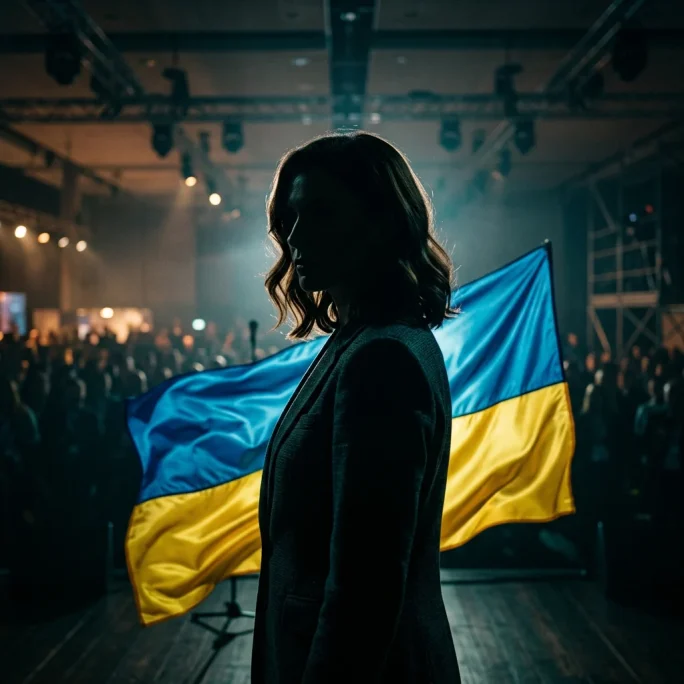 Силует таємної гості на тлі прапора України